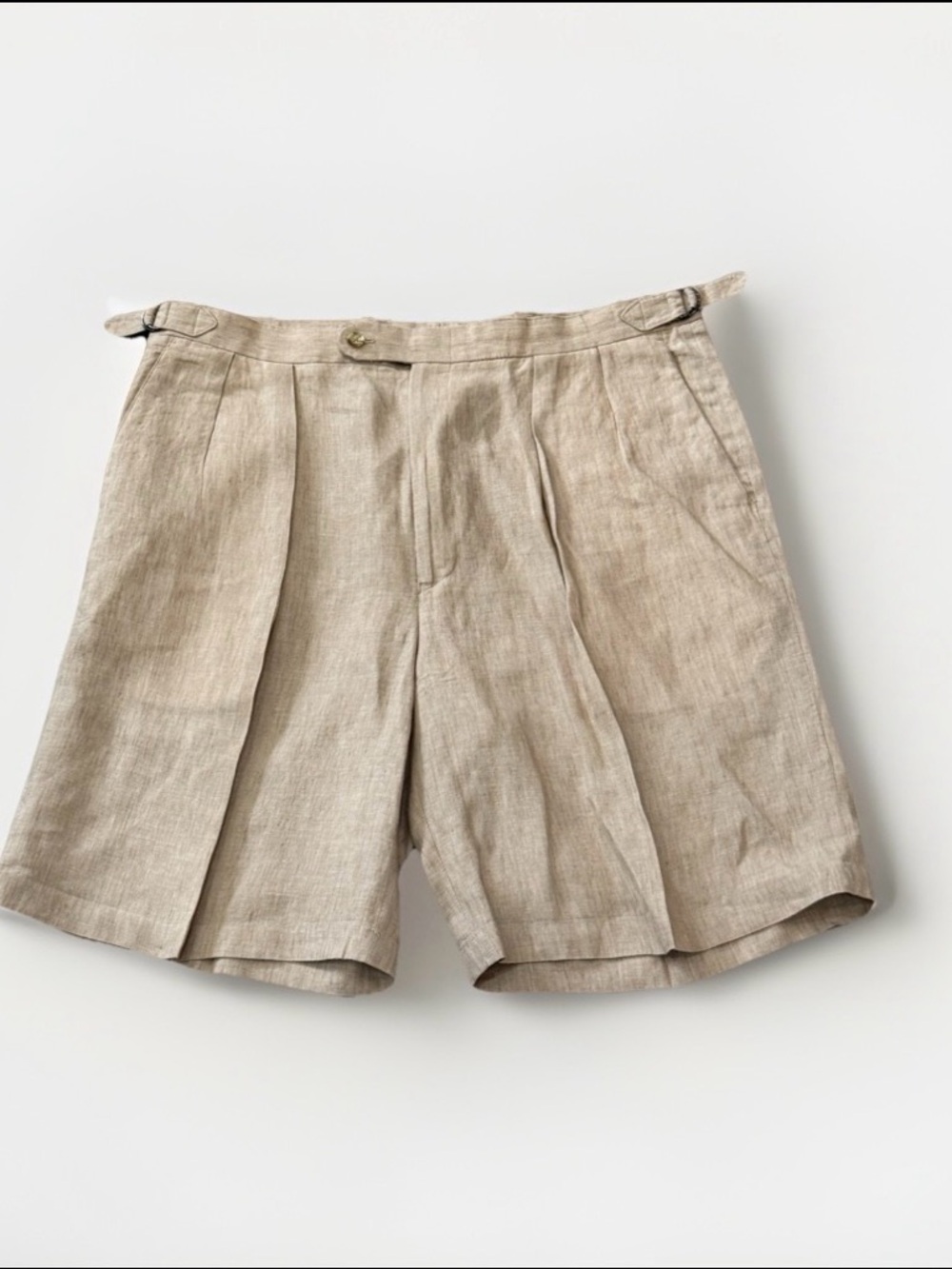 Peter Millar Tan Linen Shorts Size 38 Pleated Side Tab Bermuda 10”